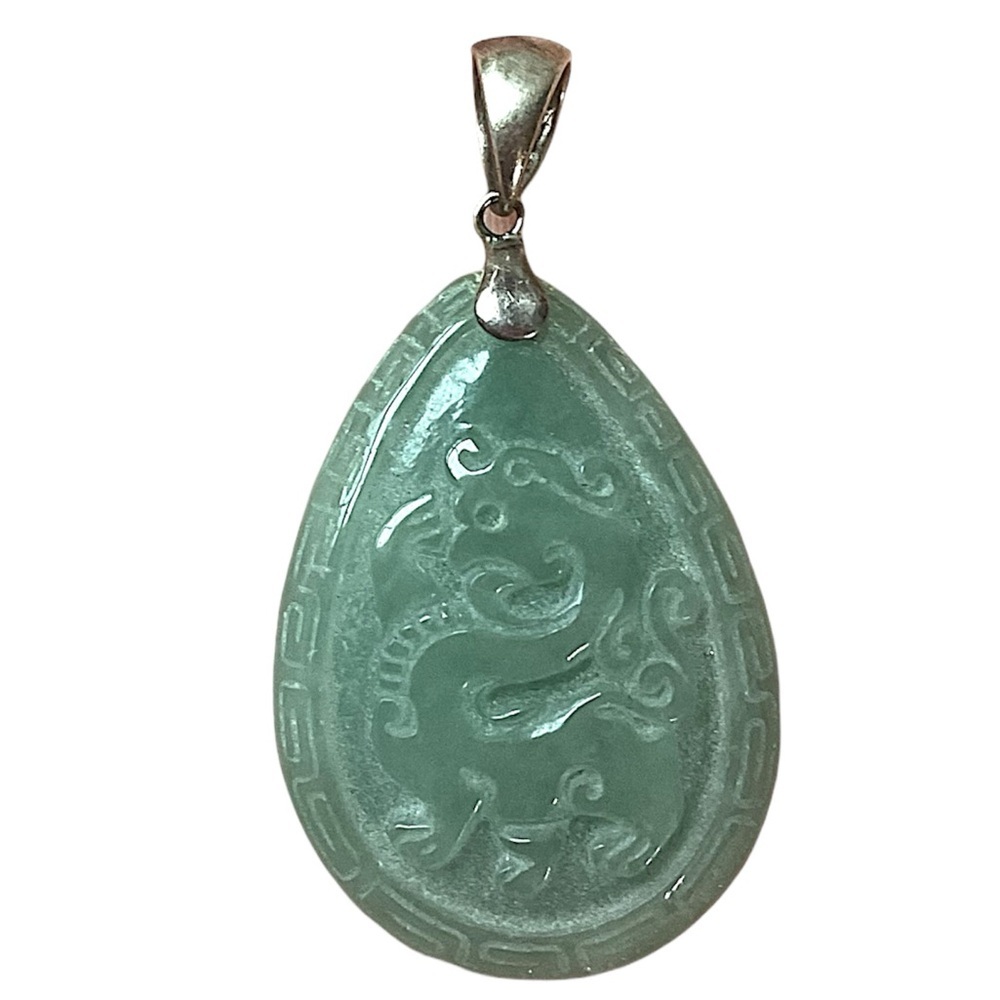 Vintage Sterling Silver Asian Carved Jade Reversible Pendant